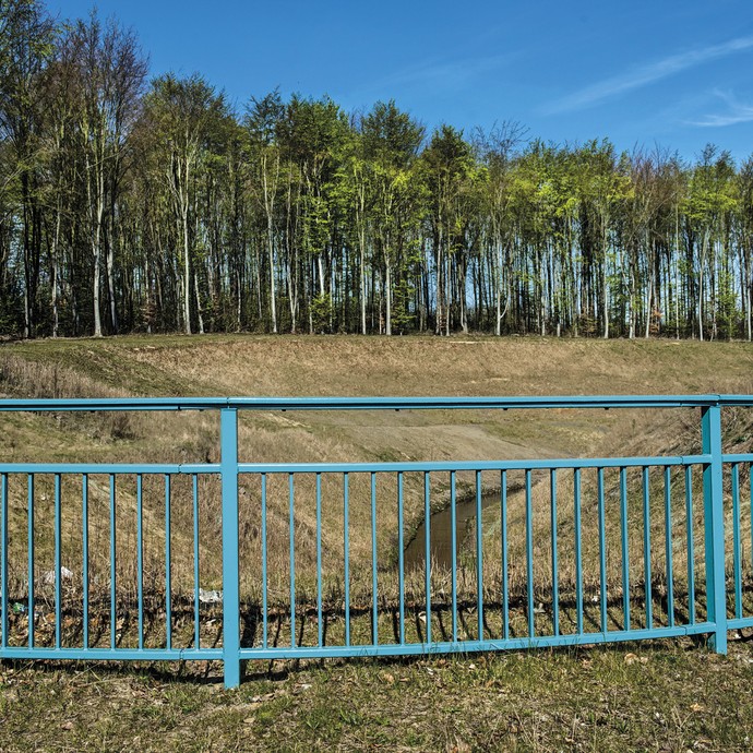 Ein Bach vor einem Waldabschnitt, im Vordergrund begrenzt ein blauer Zaun die Szenerie. (vergrößerte Bildansicht wird geöffnet)