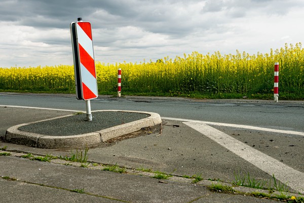 Berührte Landschaften, Rapsfeld mit Straße und Schild im Vordergrund