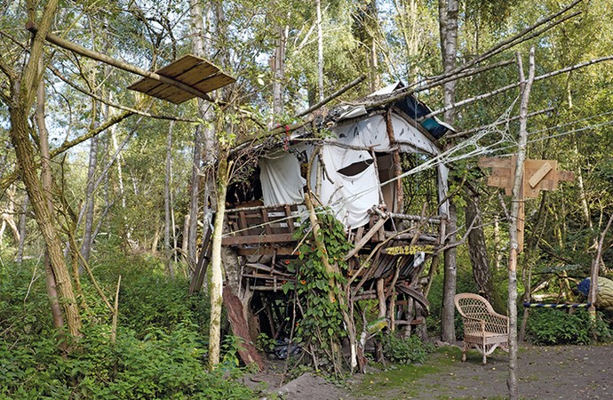 Ein teils kaputtes Baumhaus aus Stämmen, Zweigen und Tüchern in einem Birkenwald