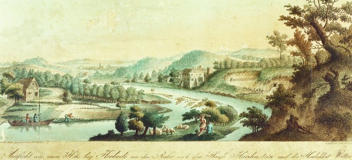 "Aussicht von einer Höhe bey Herbede an der Ruhr nach dem Hause Hardenstein und der Herrlichkeit Witten", um 1780.