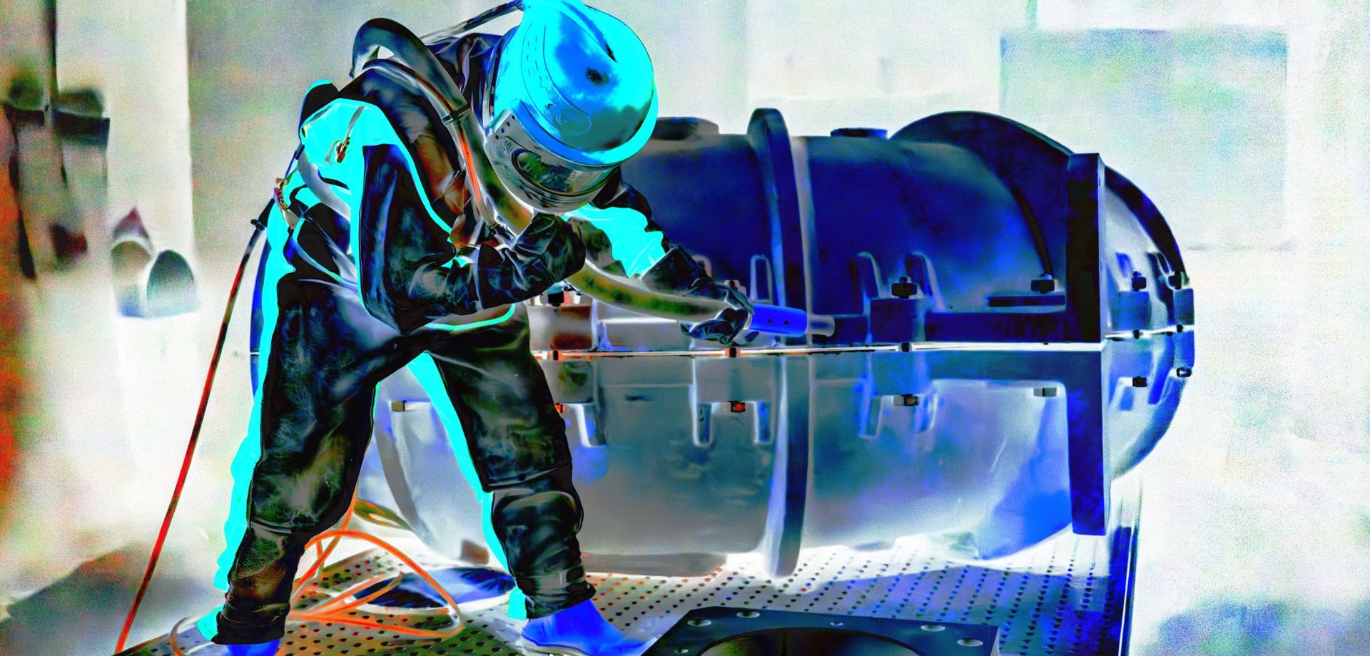 Farbig bearbeitete Aufnahme eines Arbeiters in Schutzkleidung an einer Strahlkabine.